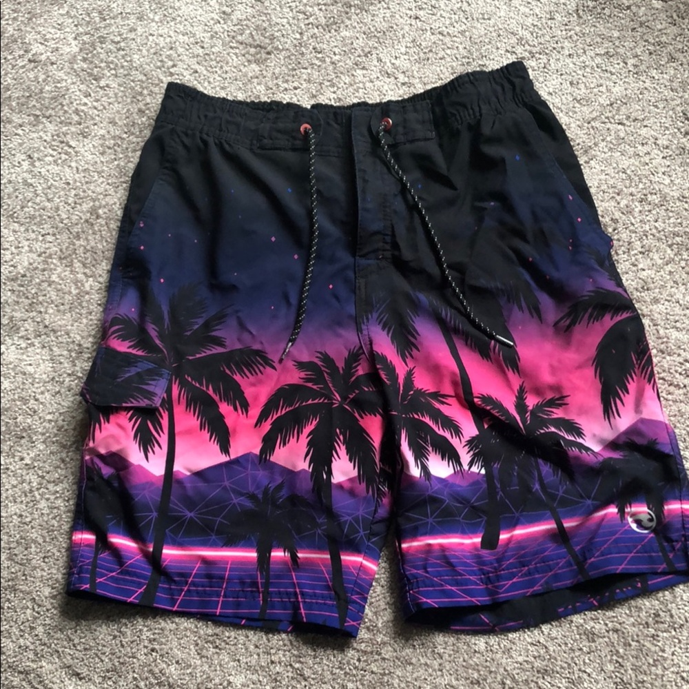 Ocean Current Black and Pink Swim Trunks Tropical Design